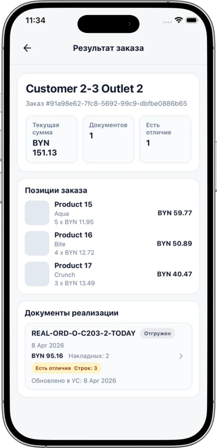 Экран «Результат заказа»: позиции, документы реализации и метка «Есть отличия»