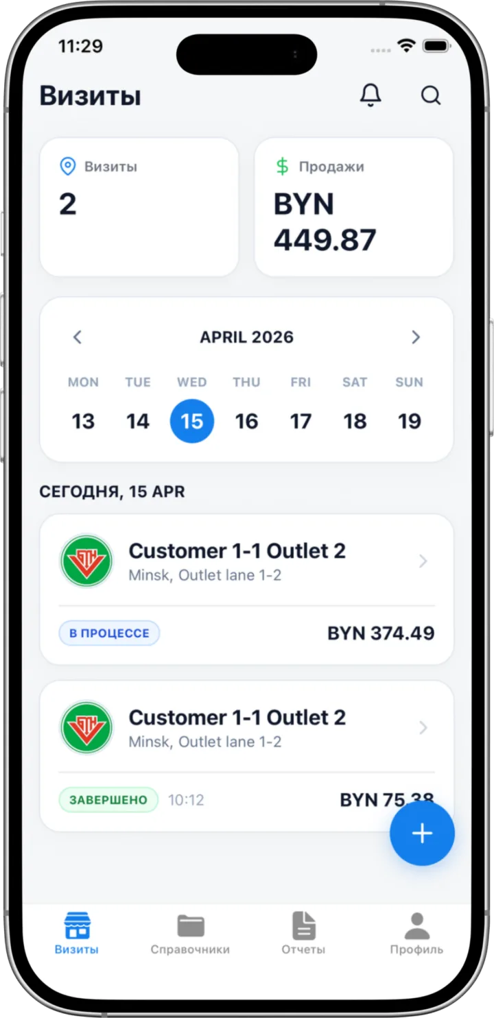Экран «Визиты» в DDK Retail: план на день, календарь и суммы по точкам